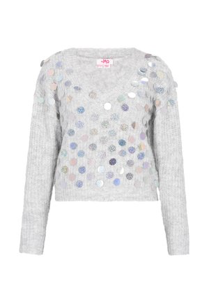 Szary, dziany sweter z dekoltem w serek, ozdobiony kolorowymi, błyszczącymi okrągłymi cekinami na przodzie oraz ściśniętymi mankietami.