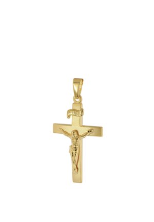 Gold crucifix pendant showing Jesus Christ with outstretched arms and an INRI plaque above on a plain background.