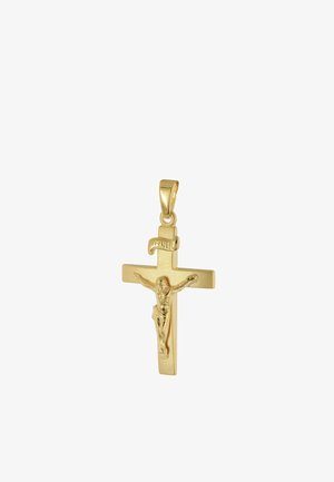 Goldener Kreuzanhänger mit Jesus Christus mit ausgebreiteten Armen und einer INRI-Tafel darüber auf einfachem Hintergrund.