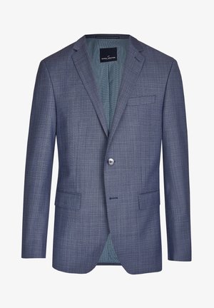 Muški blejzer od teksturirane tamnoplave tkanine s suptilnim karo uzorkom, s jednim dugmetom i jednim džepom na prsima. Podstavljena unutrašnjost.
