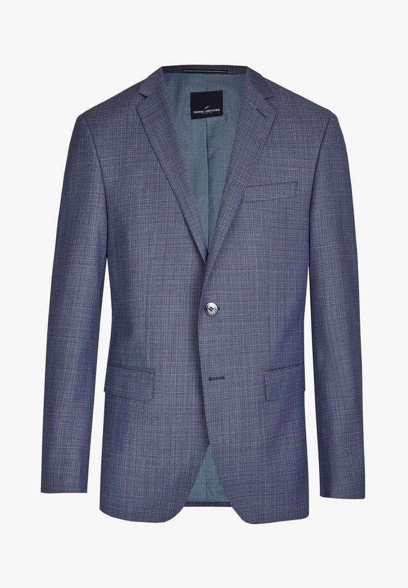Męska marynarka z teksturowanej granatowej tkaniny ze subtelnym wzorem w kratkę, zapinana na pojedynczy guzik, z jedną kieszenią na piersi. Podszewka wewnętrzna.
