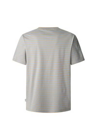 Šviesiai bežinės spalvos trumpomis rankovėmis marškinėliai su mėlynomis horizontaliomis juostelėmis, apvalia kaklo iškirpte, pagaminti iš minkštos medvilnės, su etikete šone.