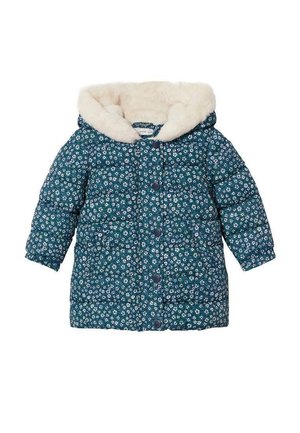 Doudoune pour enfant de couleur sarcelle avec motif floral, boutons-pression, et capuche doublée en fausse fourrure crème, conçue pour la chaleur et le confort.