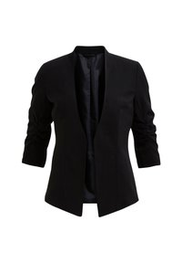 Blazer noir avec une texture lisse, manches trois-quarts, sans boutons, design à l'avant ouvert et subtile fronce aux manches.