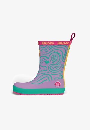 Kleurrijke rubberen regenlaars met een lila lichaam, groene illustraties, roze en gele accenten, en een getextureerde zool voor grip.