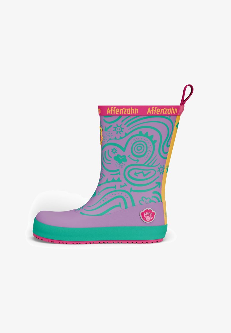 Stivale da pioggia in gomma colorato con corpo di un lilla chiaro, illustrazioni verdi, accenti rosa e gialli, e suola testurizzata per la trazione.