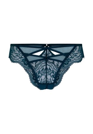 Donkergroene slip met kant en mesh voor dames, met bloemmotieven en decoratieve uitsnijdingen aan de voorkant.