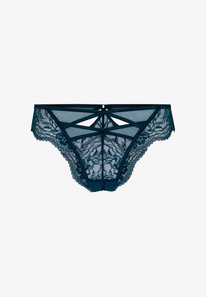 Dunkelgrüne Spitzen- und Mesh-Damenslips mit Blumenmustern und dekorativen Ausschnitten auf der Vorderseite.