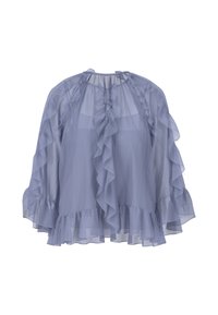 Sheer light blue blouse with ruffled sleeves and neckline, featuring a loose fit and a tiered hemline, made from lightweight fabric.