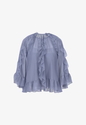 Sheer light blue blouse with ruffled sleeves and neckline, featuring a loose fit and a tiered hemline, made from lightweight fabric.