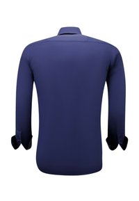 Marineblauw shirt met lange mouwen, een gladde textuur, knoopmanchetten en een klassieke kraag, met een strakke, eenvoudige achterkant.