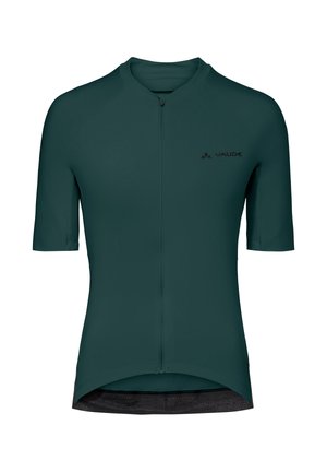 Dunkelgrünes, kurzärmeliges Radtrikot mit Frontreißverschluss und Vaude-Logo auf der linken Brust.