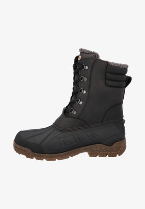 Bota de invierno negra aislada con cordones en el frente, tobillo acolchado, suela de goma y forro de piel sintética para protección contra el frío.