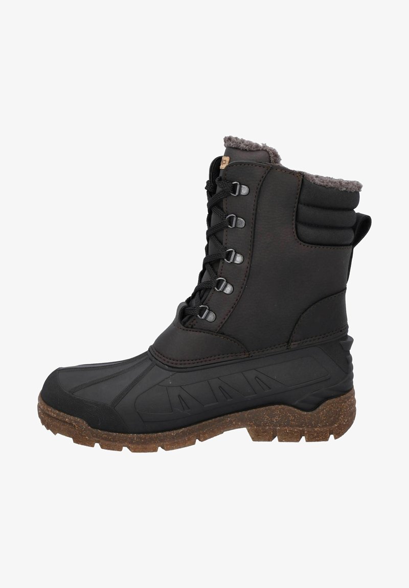 Botte d'hiver isolante noire avec laçage à l'avant, cheville rembourrée, semelle en caoutchouc et doublure en fausse fourrure pour la protection contre le froid.