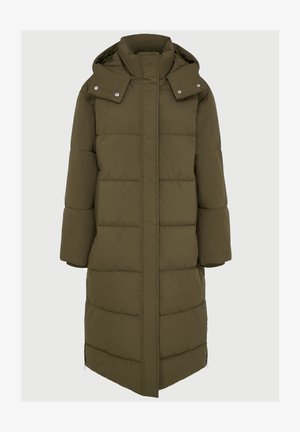 Pikk oliiviroheline sooja voodriga talvejope, millel on kõrge krae, kinnitatud kapuuts, nuppudega sulgemine ja varjatud esine sipipakk.