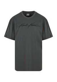 Dark gray cotton T-shirt with short sleeves, featuring a black embroidered signature across the chest and a classic round neckline.
