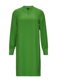 Grünes, langärmliges Kleid mit V-Ausschnitt und gerafften Manschetten; aus glattem Stoff mit loser Silhouette gefertigt. Einfaches und sauberes Design.