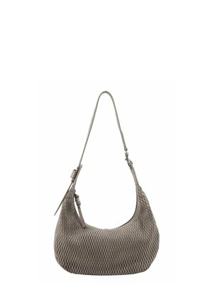 Grau crescentförmige Handtasche mit strukturierter Musterung, verstellbarem Schulterriemen und Reißverschluss auf weißem Hintergrund.