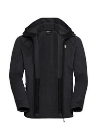 Giacca nera con zip e cappuccio. Presenta una superficie esterna liscia, un interno morbido e tasche laterali in rete per lo stoccaggio.