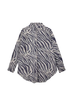 Overhemd met lange mouwen met knopen, met zwarte en beige zebraprinten en klassieke kraag, plat gelegd op een witte achtergrond.