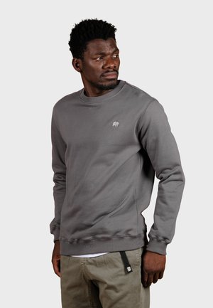 Sudadera gris hecha de un material suave. Cuenta con un escote redondo y puños acanalados. Pequeño logo en el pecho. Combinada con pantalones de color claro.