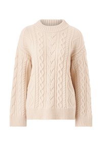 Maglione a maglia di un beige chiaro con un design a trecce testurizzate, colletto a coste, polsini e orlo. Presenta una vestibilità ampia e maniche lunghe.