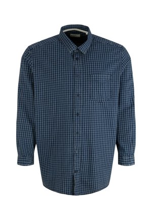 Camisa de manga larga a cuadros azul y negra, con botones, cuello y bolsillo en el pecho, mostrada sobre un fondo blanco.