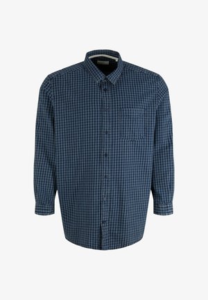 Langärmliges, blau-schwarz kariertes Hemd mit Knöpfen, Kragen und Brusttasche, vor weißem Hintergrund präsentiert.