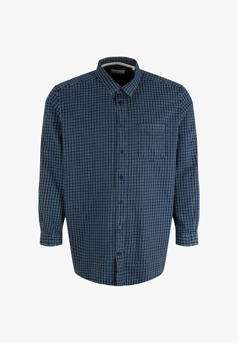 Chemise à manches longues à carreaux bleus et noirs avec col et poche poitrine, présentée sur un fond blanc.