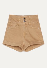 Vaaleanruskeat korkeavyötäröiset farkkushortsit, joissa on kaksi etutaskua, käänteet lahkeissa ja kaksi metallista nappisuljinta vyötäröllä.