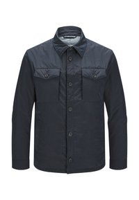 Marineblaue, leichte Button-Up-Jacke mit zwei Brusttaschen, einem spitzen Kragen und langen Ärmeln mit Knopfmanschetten.