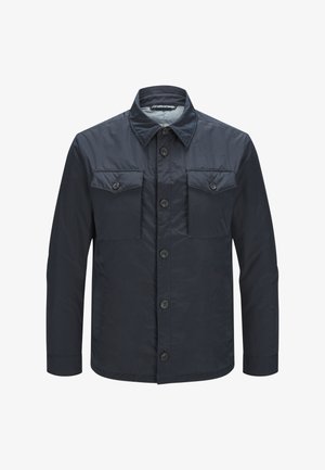Navy blue button-up jacket made of lightweight material, featuring two chest pockets, a pointed collar, and long sleeves with button cuffs.
