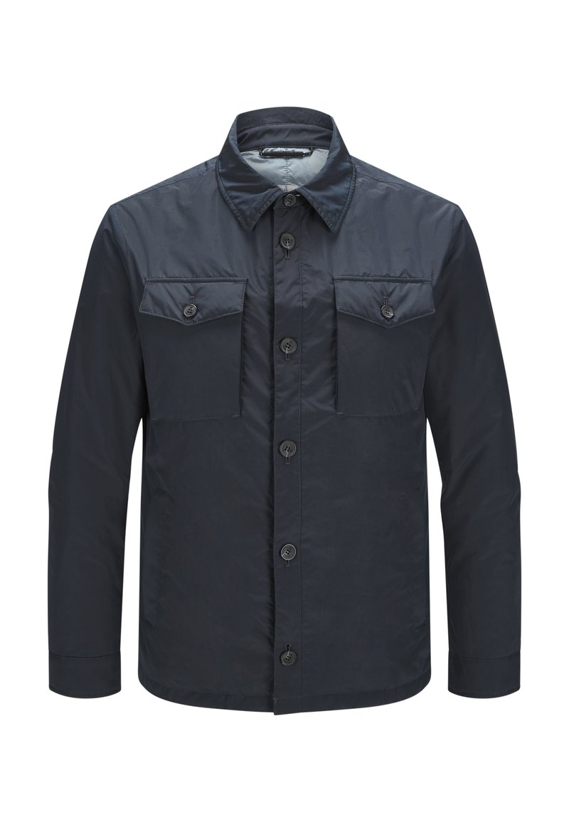 Marineblaue, leichte Button-Up-Jacke mit zwei Brusttaschen, einem spitzen Kragen und langen Ärmeln mit Knopfmanschetten.