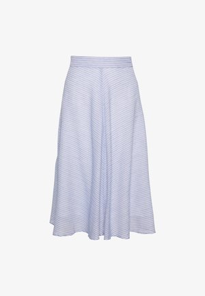 Vaaleansininen A-linjainen hame, jossa on valkoisia pystysuoria raitoja, sileä kangas, leveä vyötärökaista ja levenevä helma. Klassinen muotoilu, joka sopii erilaisiin tilaisuuksiin.