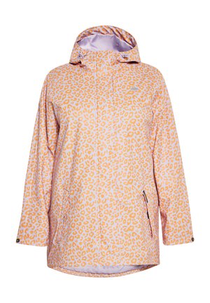 Chaqueta impermeable de color rosa claro con estampado de leopardo naranja, que incluye capucha, bolsillos con cremallera y un corte relajado. Textura suave y diseño casual.