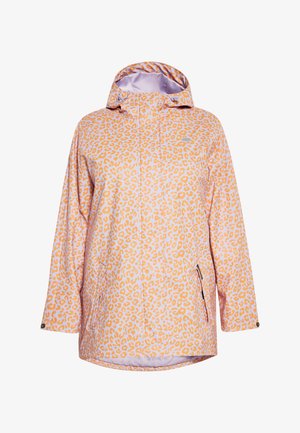 Ūdensnecaurlaidīga jaka gaiši rozā krāsā ar oranžu leoparda rakstu, ar kapuci, ar rāvējslēdzēja kabatām un brīvu piegriezumu. Gluda tekstūra un ikdienas dizains.