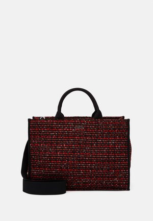 Suorakaidepunainen ja musta tweed-käsilaukku, jossa mustat kahvat ja irrotettava leveä musta olkahihna.