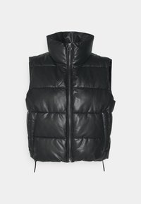 Svart pufferväst gjord av kviltat läder. Den har en hög krage och en central dragkedja. Utan ärmar och med sidodetaljer för justerbarhet.