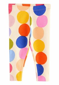 Puuvillalegginsid, millel on ribakujuline tekstuur ja suured mitmevärvilised täpid heledal kreemilisel taustal. Slim-fit siluett, elastse vöökoha jaotusega.