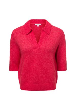 Kurzarm-Polo-Pullover in lebhaftem Pink. Verfügt über einen V-Ausschnitt, einen lässigen Schnitt und eine weiche Textur. Hergestellt aus leichtem Strickmaterial.