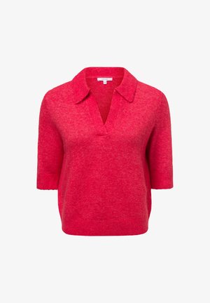 Kurzarm-Polo-Pullover in lebhaftem Pink. Verfügt über einen V-Ausschnitt, einen lässigen Schnitt und eine weiche Textur. Hergestellt aus leichtem Strickmaterial.