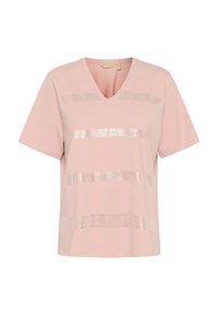 Roze V-hals T-shirt met korte mouwen, versierd met horizontale strepen van glanzende accenten en kleine uitsnijdingen voor een textuur. Zacht materiaal.