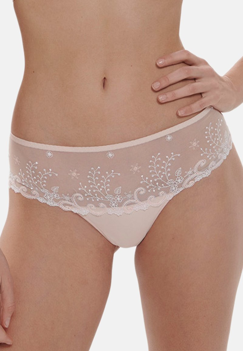 Beige lace panties with sheer mesh upper featuring floral embroidery and scalloped lace trim along the waistband and leg openings.