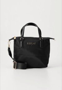 Borsa a mano in nylon nero con due manici superiori e una tracolla regolabile. Presenta finiture in oro e un logo "REPLAY" sulla parte anteriore.