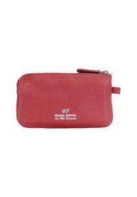 Portamonete in pelle rossa con chiusura a zip, caratterizzato da un marchio in rilievo sul fronte e da una piccola linguetta in tessuto. Texture liscia.