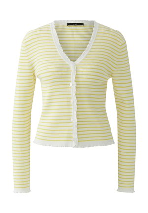 Weißer, gerippter Langarm-Cardigan mit dünnen gelben horizontalen Streifen, Knopfleiste vorne, V-Ausschnitt und Rüschenbesatz an den Kanten.