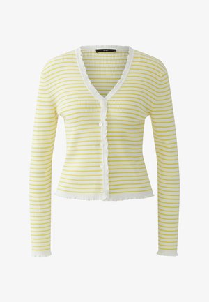 Weißer, gerippter Langarm-Cardigan mit dünnen gelben horizontalen Streifen, Knopfleiste vorne, V-Ausschnitt und Rüschenbesatz an den Kanten.