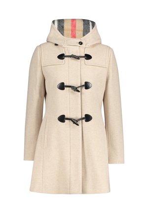 Beige uld toggle-frakke med stribet hætteforing, tre sorte lukninger, lange ærmer og forlommer.