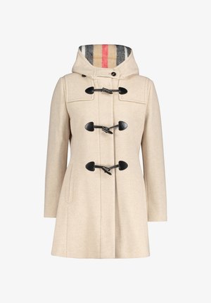 Cappotto in lana beige con fodera a righe nel cappuccio, tre bottoni neri, maniche lunghe e tasche frontali.