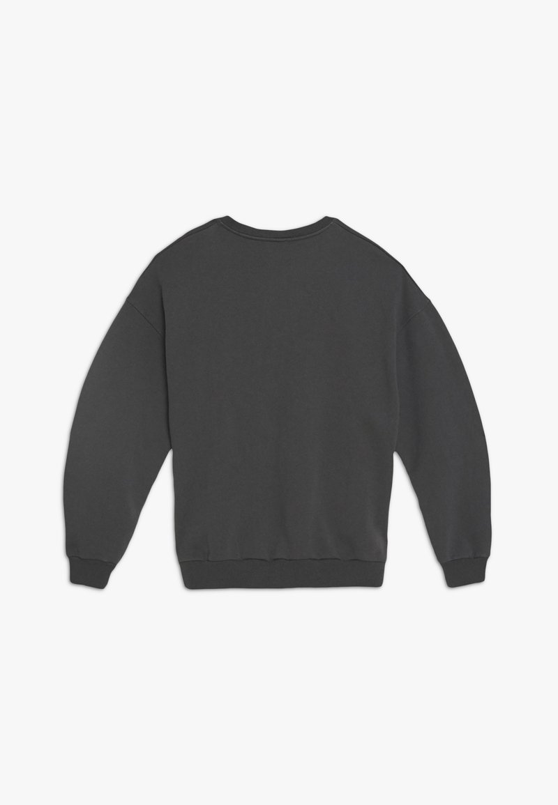 Sweat-shirt gris foncé à manches longues col rond, posé à plat, montrant le dos avec poignets et ourlet côtelés.
